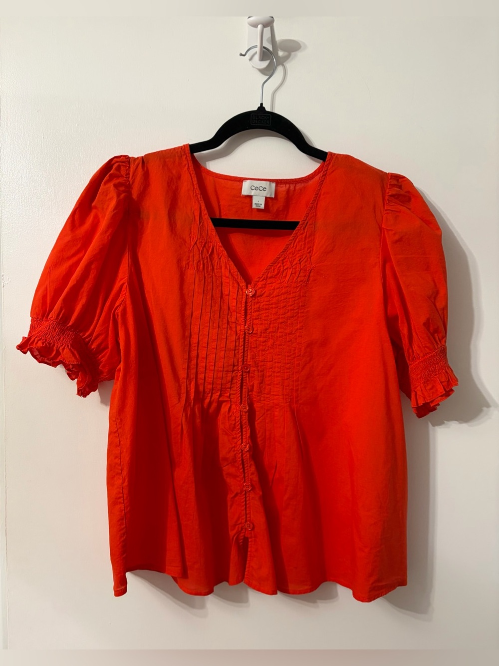 CeCe Bright Red Puff Sleeve Button-Front Blouse